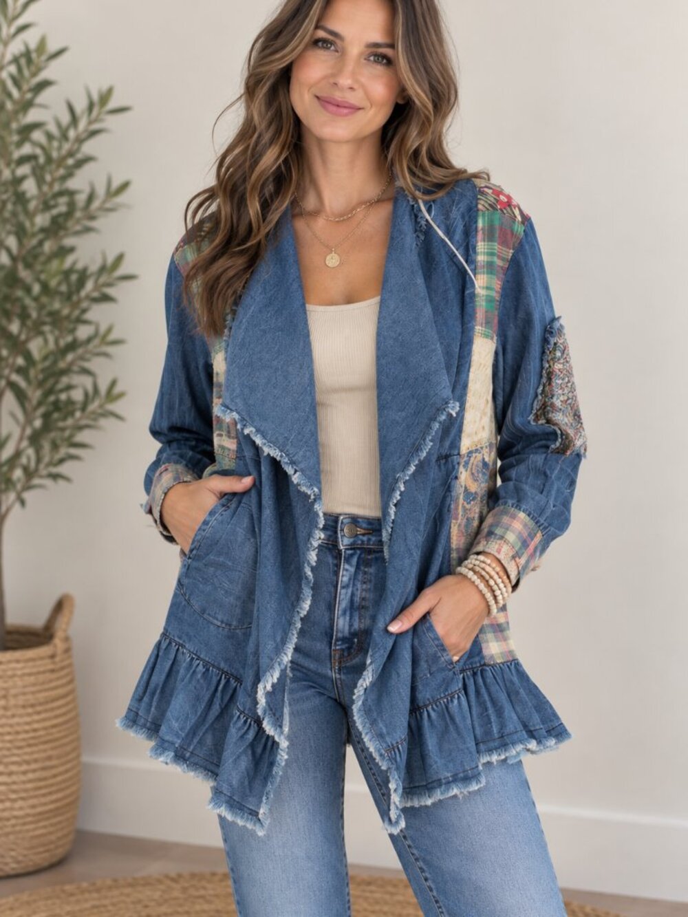 517. Women's Denim Blue Boho Patchwork Denim Cardigan